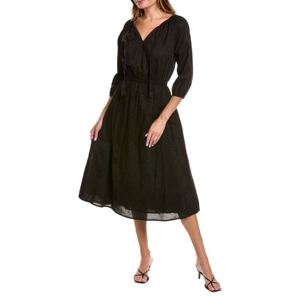 Mer St. Barth 100% Cotton Eyelet Long-Sleeve Midi Dress Size L Black Resort Chic